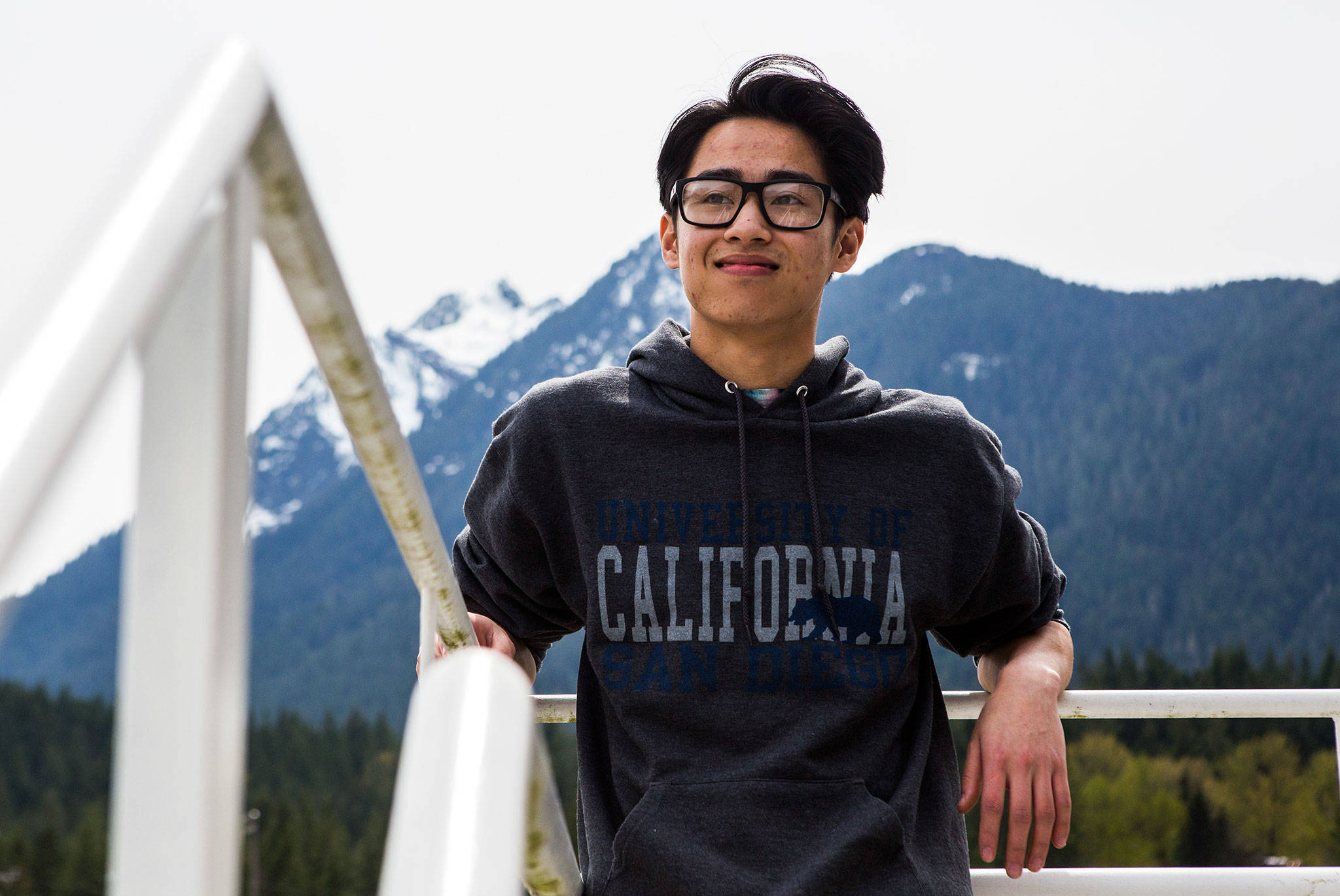 Maxwell Pickard, 18, at Darrington High School on April 25. He’ll be attending the University of California San Diego in the fall and plans to study computer science. (Olivia Vanni / The Herald)