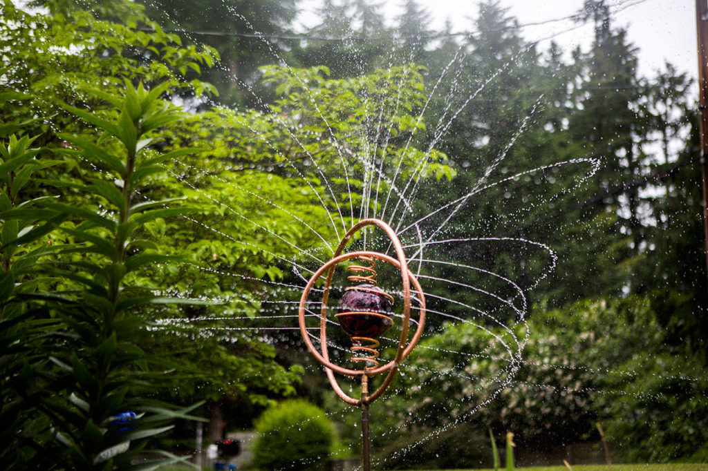 Steve Hopkins says his sprinklers shoot gentle streams of water in a 30-foot-diameter pattern.
