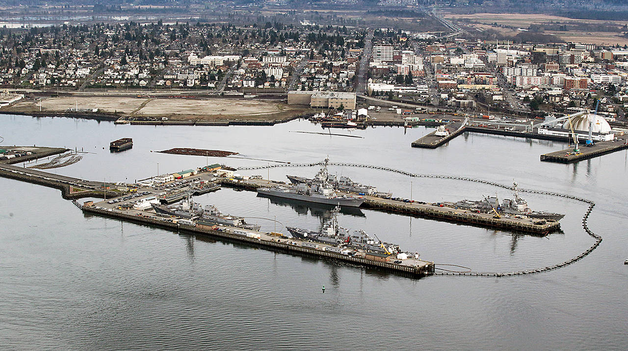 The Kimberly-Clark site (upper left) is sandwiched between downtown Everett, the Port (right) and Naval Station Everett (foreground). (Andy Bronson / Herald file)