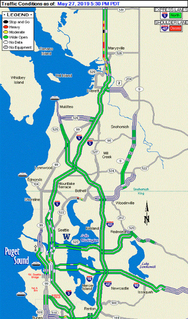 Travel times between Everett and Seattle on Memorial Day evening on I-5 were lighter than the normal Monday commute. (WSDOT)