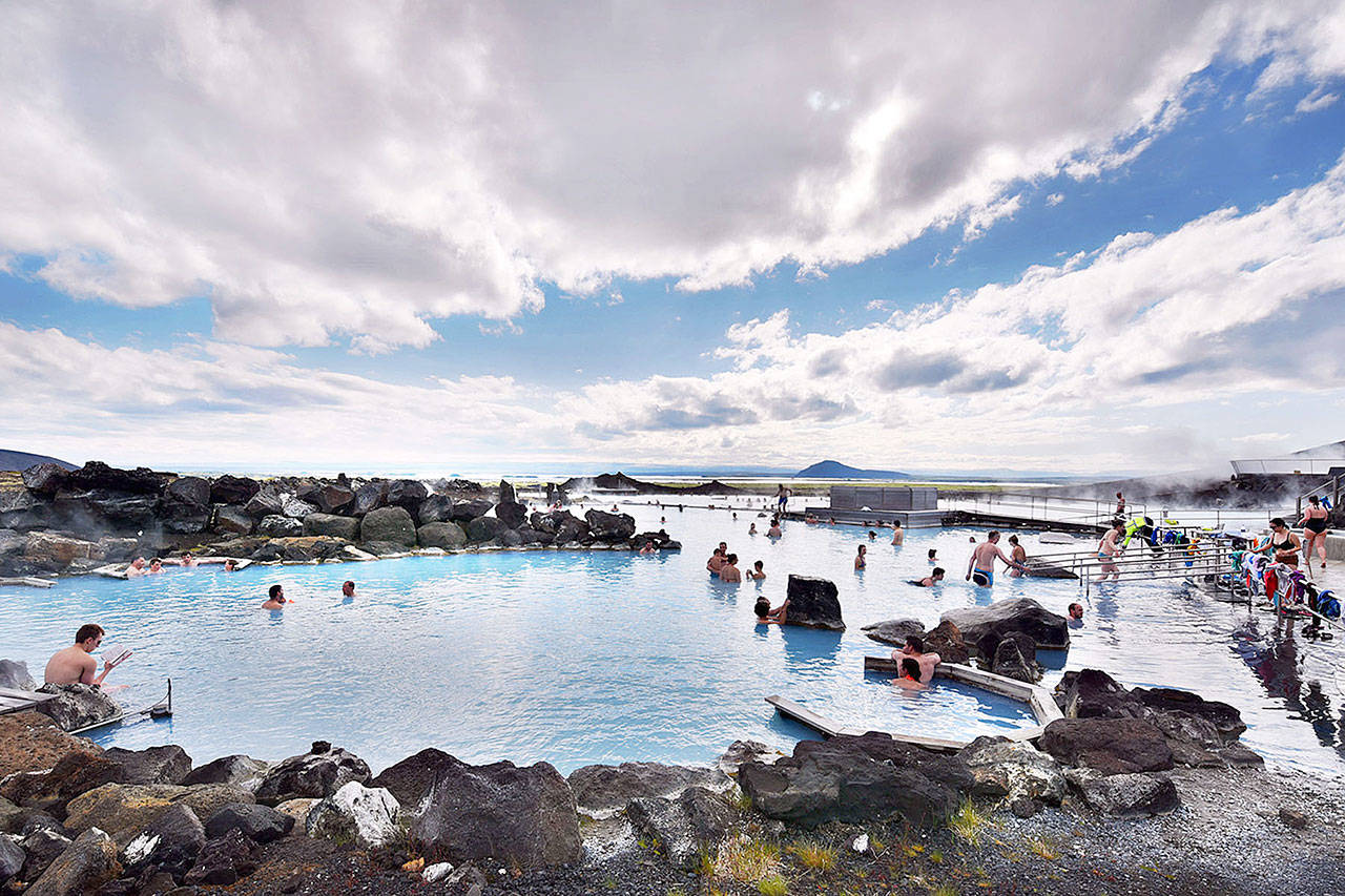 The naturally heated Myvatn Nature Baths has fine views over North Iceland’s volcanic countryside. (Rick Steves’ Europe)