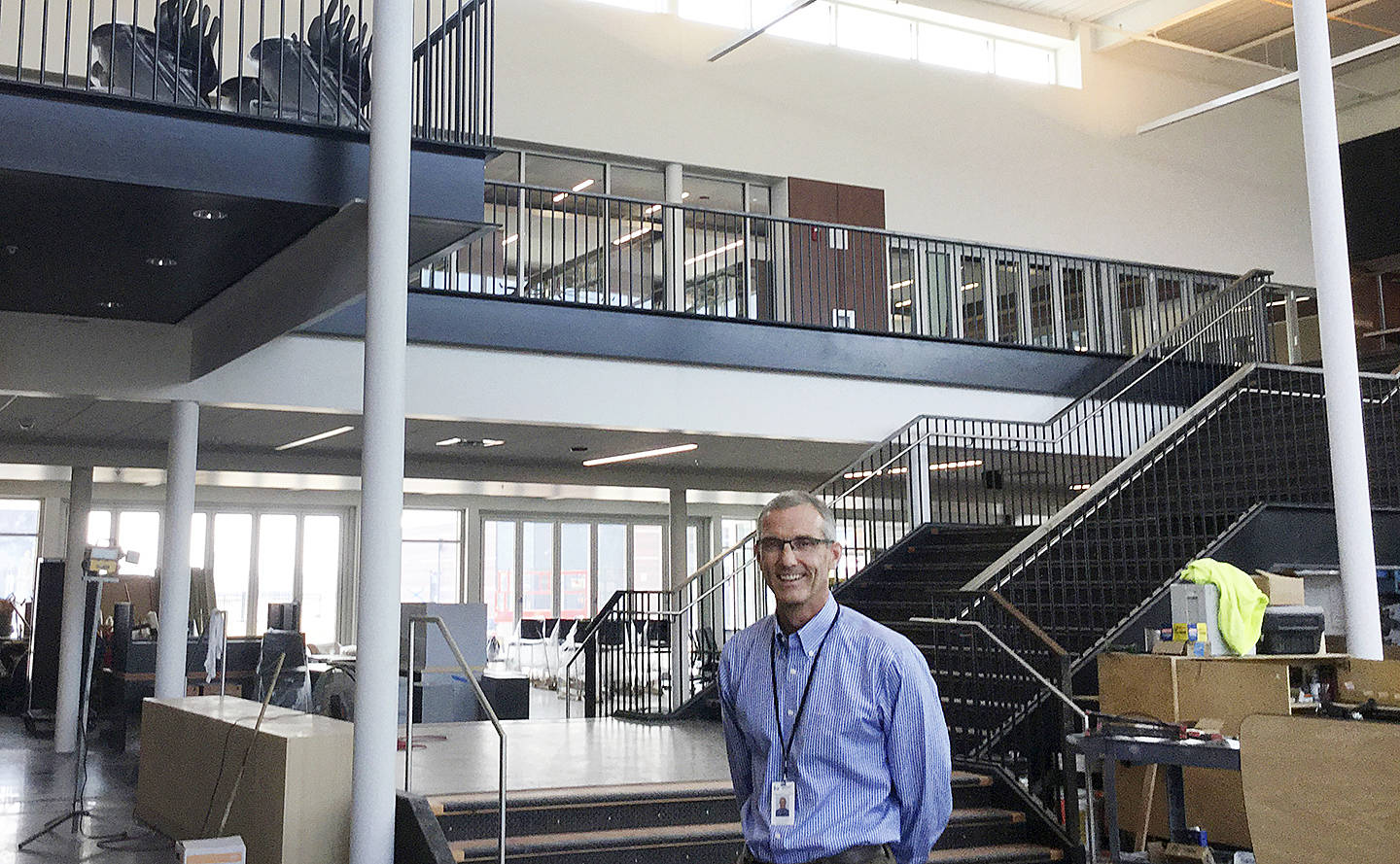 Lakewood School District Superintendent Michael Mack, who will retire in June, stands in the central commons area at the then-newly constructed Lakewood High School back in 2017. (Arlington Times, file)