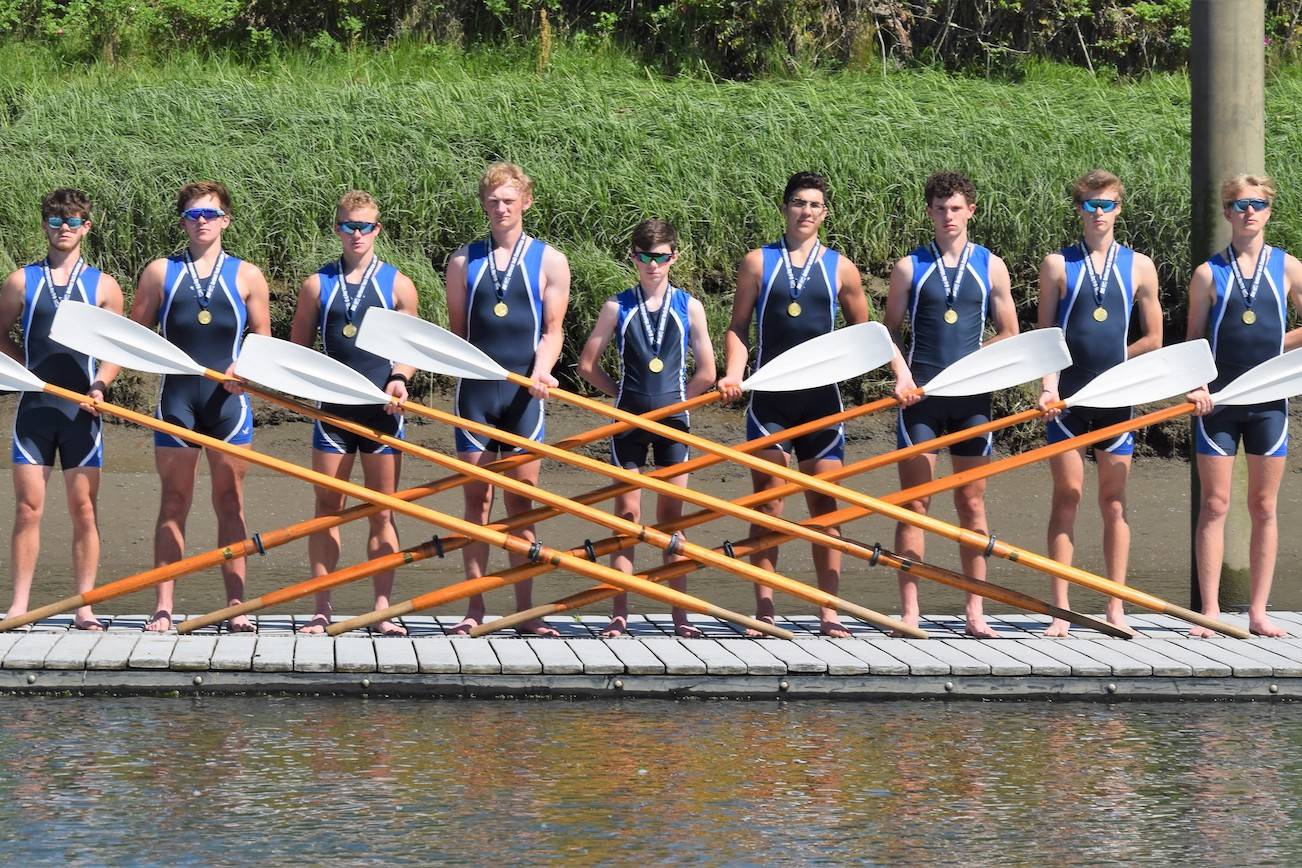 The Everett Rowing Association men’s varsity 8 plus cox consists of, from left to right, Justin DeHart, Elijah Hellman, Ethan Senn, Andrew McCartney, Aidan Richer, Owen Moody, Ethan Miedema, William Sweeney and Dylan Stengel. (Photo courtesy of the Everett Rowing Association)