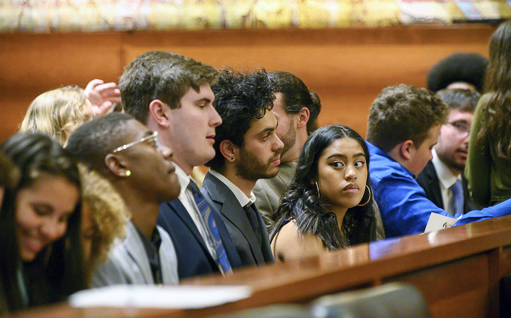 Youth plaintiffs in the Juliana v. United States climate change lawsuit gather in a federal courthouse for a hearing in front of a panel of judges with the 9th Circuit Court of Appeals in Portland, Oregon, on Tuesday. (Robin Loznak/Pool Photo via AP)
