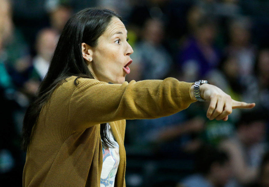 The Storm’s Sue Bird yells directions to her teammates. (Andy Bronson / The Herald)
