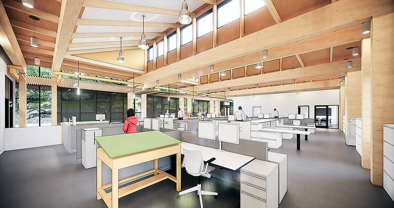 This rendering shows the interior of the new Island County Administration Building, designed by Seattle-based SHKS Architects, which will cost about $5.5 million. (SHKS Architects and Island County)