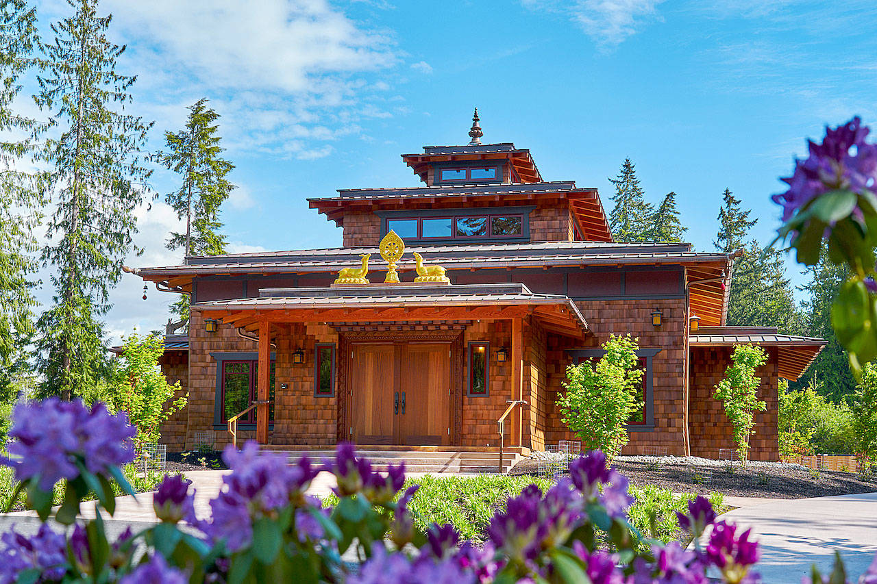 Phagtsok Gedun Choling Temple on south Whidbey Island combines Northwest architecture with traditional Tibetan design. A multi-day gathering consecrated the building with monks who traveled from Asia for the ceremonies. (Kilung Foundation)