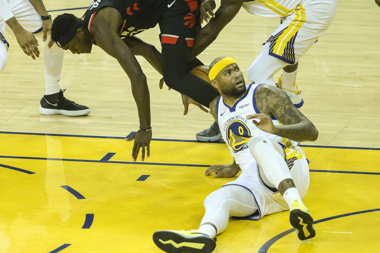 Golden State Warriors center DeMarcus Cousins (0) looks to the referee for a foul during the first quarter of Game 3 of the 2019 NBA Finals against the Toronto Raptors on June 5, 2019 at Oracle Arena in Oakland, California. (Chris Victorio | Special to S.F. Examiner)