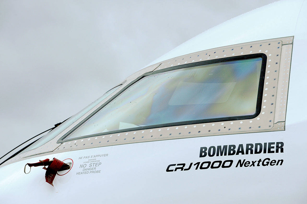 Flight-deck windows of a Bombardier CRJ1000 business jet at the Paris Air Show in Paris in 2011. (Fabrice Dimier / Bloomberg News)