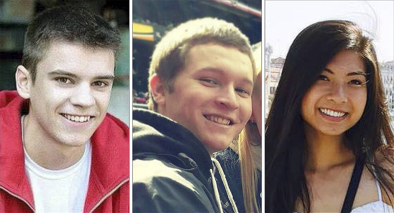A wrongful death lawsuit is seeking damages from the parents of Allen Ivanov, who killed (L-R) Jordan Ebner, Jacob Long and Anna Bui.