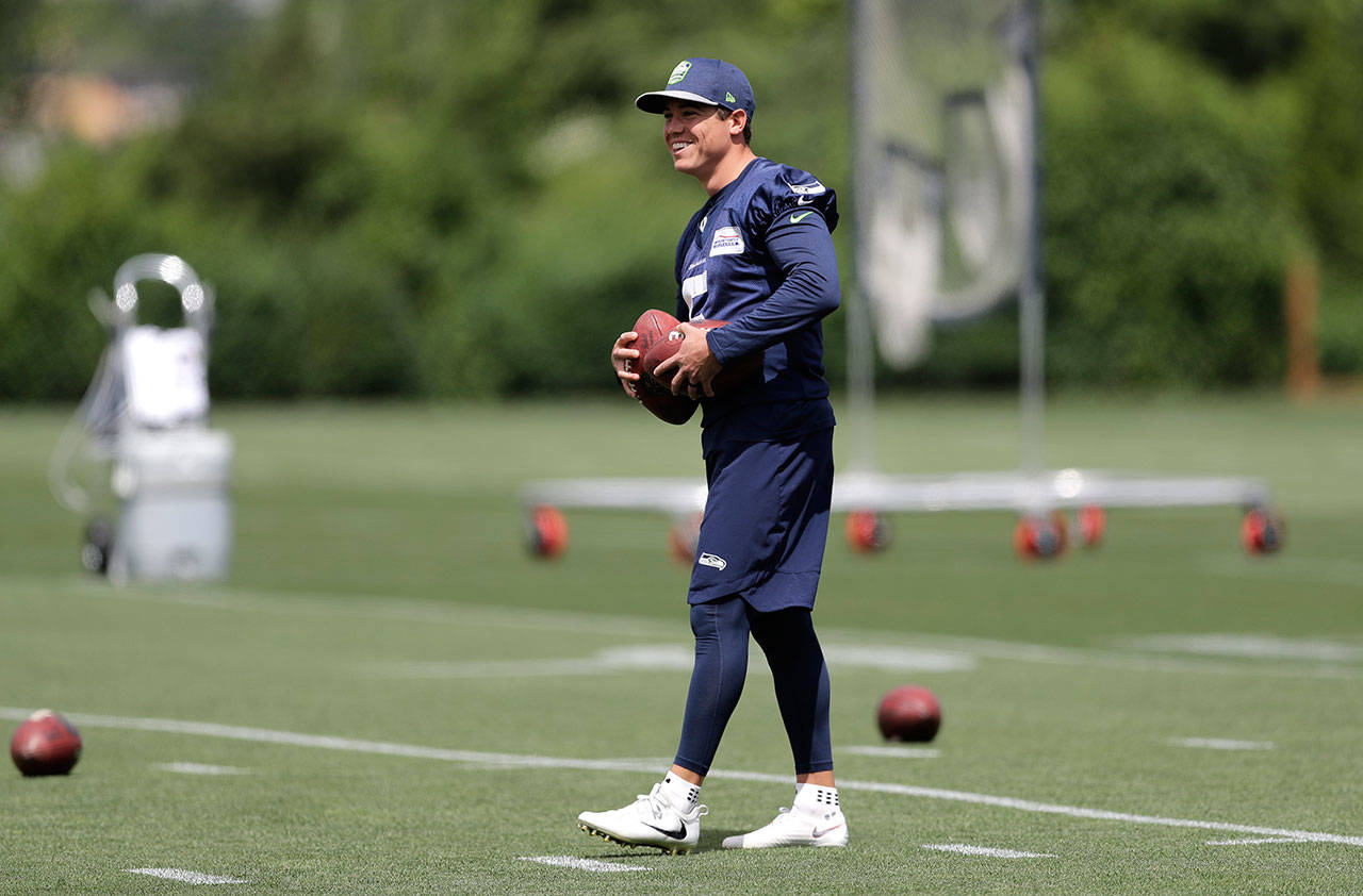 Seahawks kicker Jason Myers smiles during a practice on June 6, 2019, at the team’s training facility in Renton. (AP Photo/Ted S. Warren)
