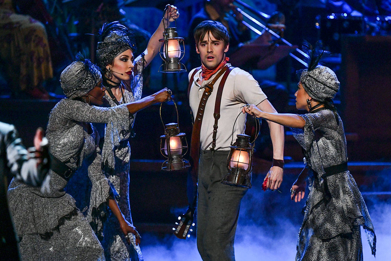 Reeve Carney, of the cast of “Hadestown,” performs Sunday at the 73rd annual Tony Awards at Radio City Music Hall in New York. (Photo by Charles Sykes/Invision/AP)
