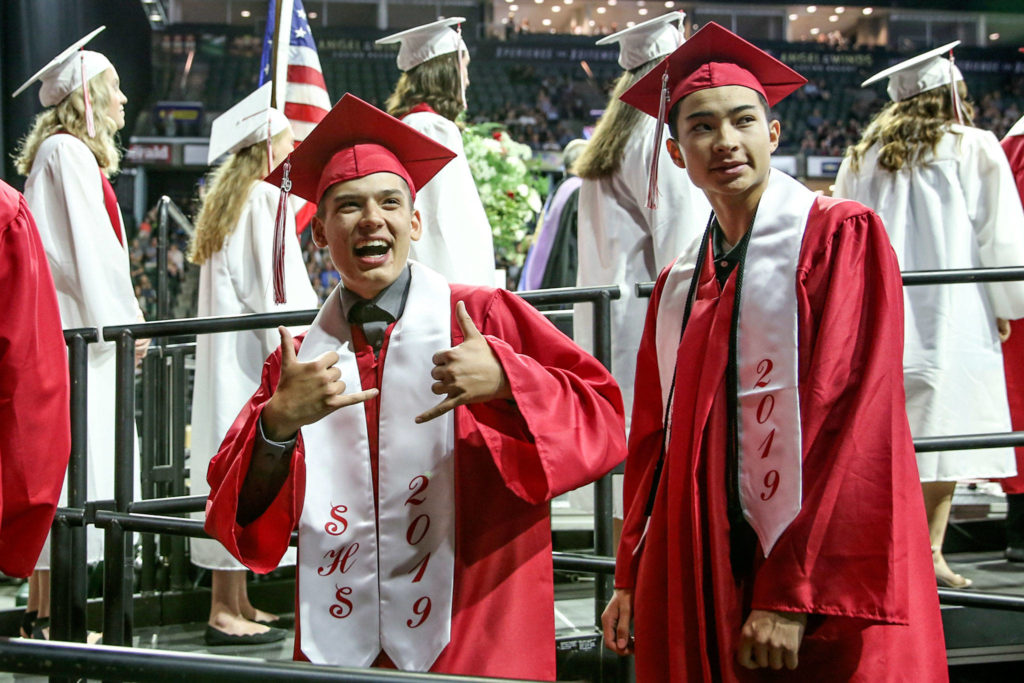 Scenes of the graduation of Snohomish High School Class of 2019 at Angel of the Winds Arena in Everett on June 10, 2019. (Kevin Clark / The Herald)

