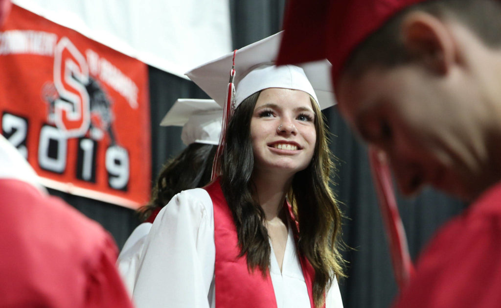 Scenes of the graduation of Snohomish High School Class of 2019 at Angel of the Winds Arena in Everett on June 10, 2019. (Kevin Clark / The Herald)
