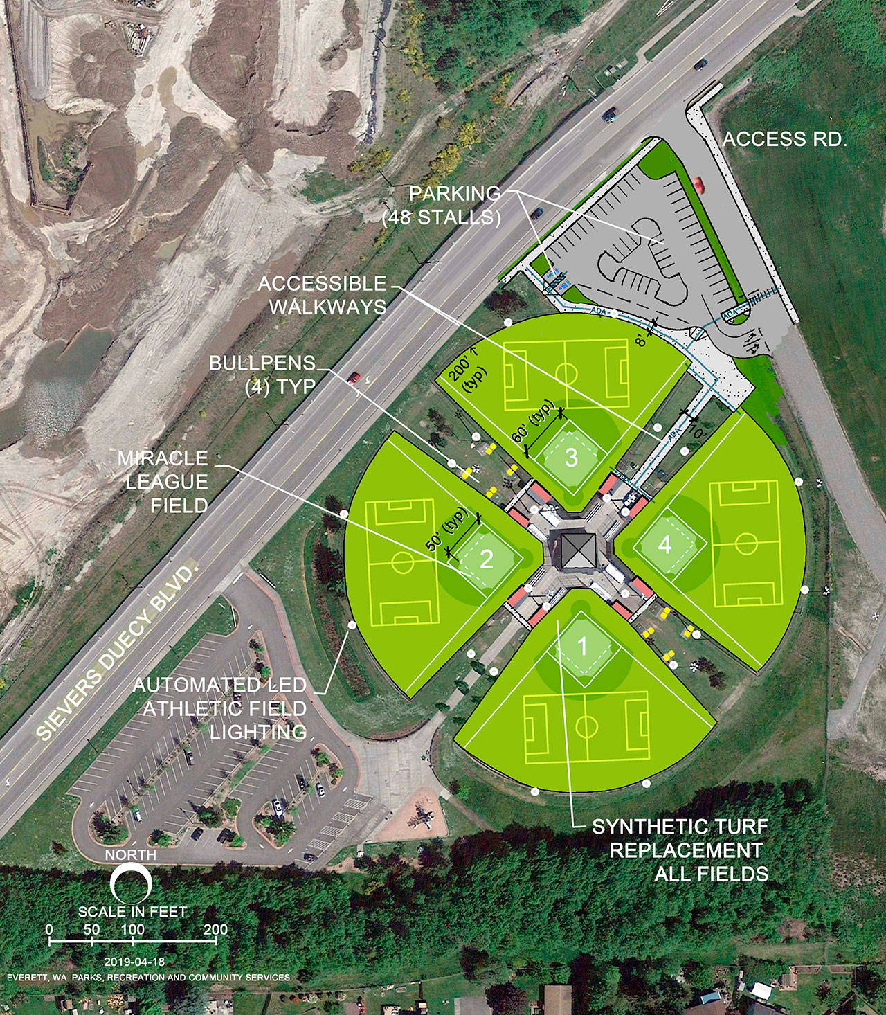 An aerial rendering of the Phil Johnson Ballfields renovations. (Courtesy of Everett Parks)