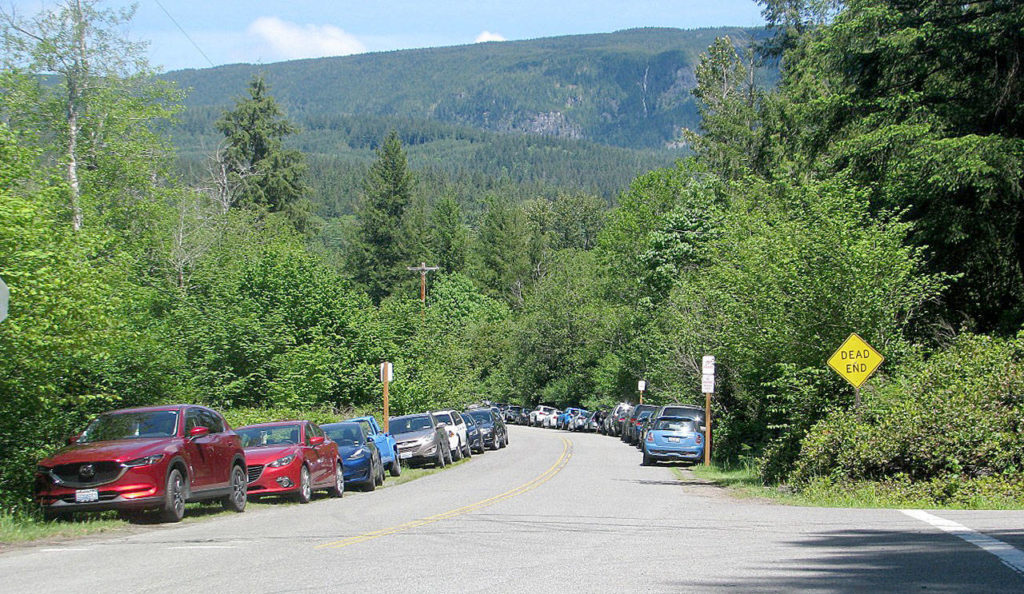 Parking at Wallace Falls State Park spills out onto Ley Road in late May. (Joe Beavers) 
