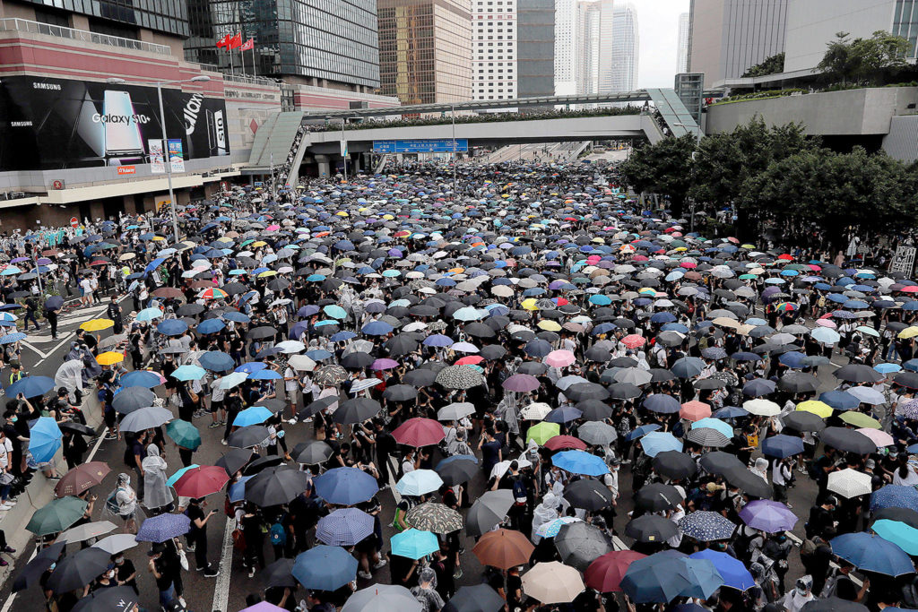 Protestors gather near the Legislative Council in Hong Kong on Wednesday. (AP Photo/Vincent Yu, File)
