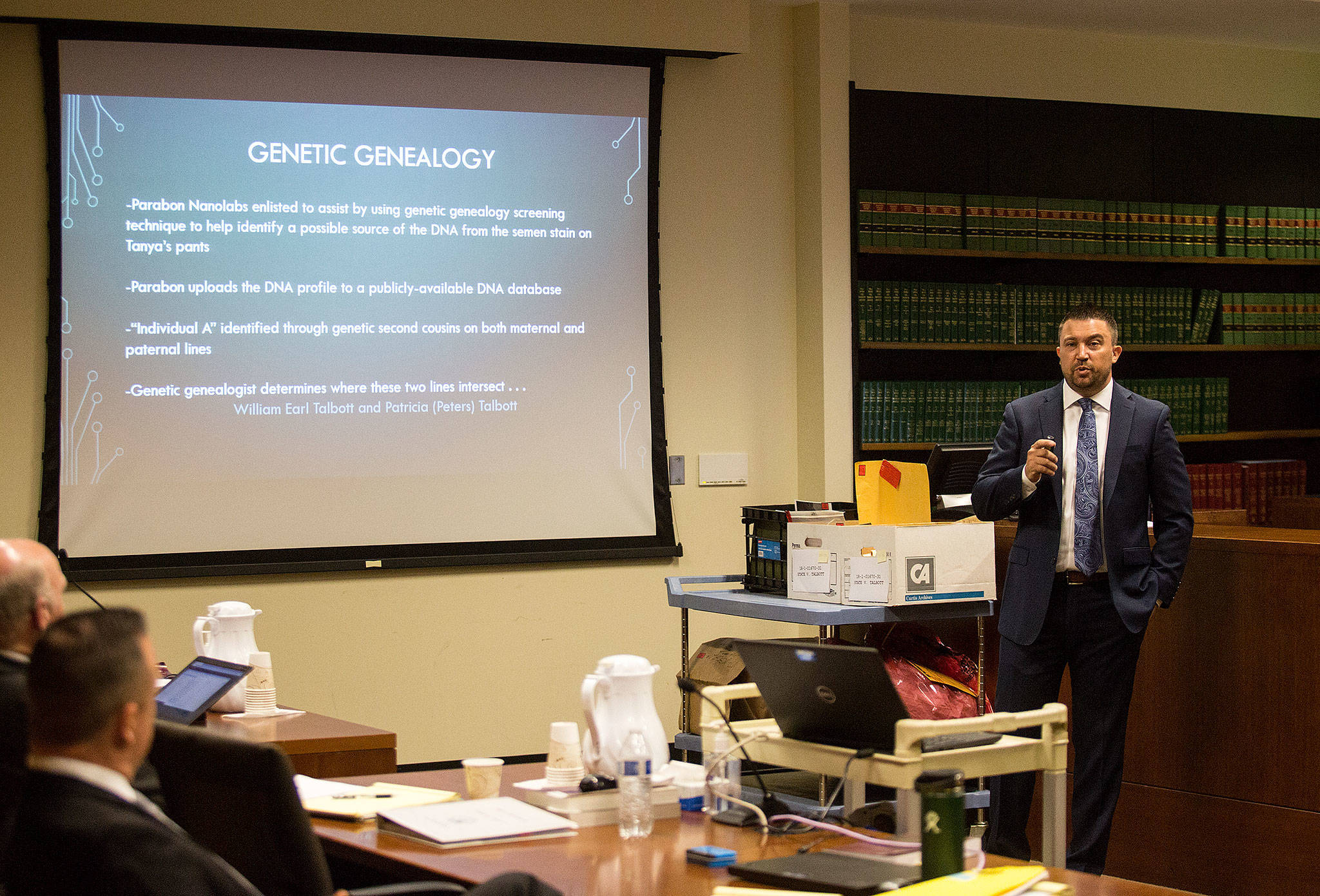 Deputy prosecutor Justin Harleman gives the opening statement at the trial for William Talbott II at the Snohomish County Courthouse on Friday in Everett. Talbot is on trial for double-murder. (Andy Bronson / The Herald)
