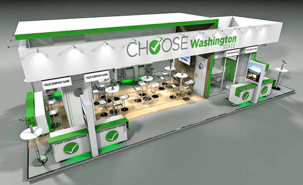 An illustration of the Washington state pavilion at the Paris Air Show. (nma.choosewashingtonstate.com) 
