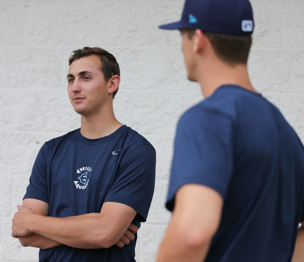 Mariners’ draft picks George Kirby (left) and Brandon Williamson arrived Thursday afternoon to Funko Field at Everett Memorial Stadium. (Kevin Clark / The Herald)
