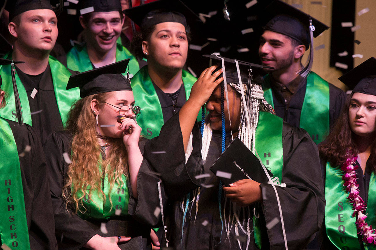 Scenes from the Sequoia High graduation ceremony held in the Everett Civic Auditorium on Thursday, June 13, 2019 in Everett, Wash. (Andy Bronson / The Herald)