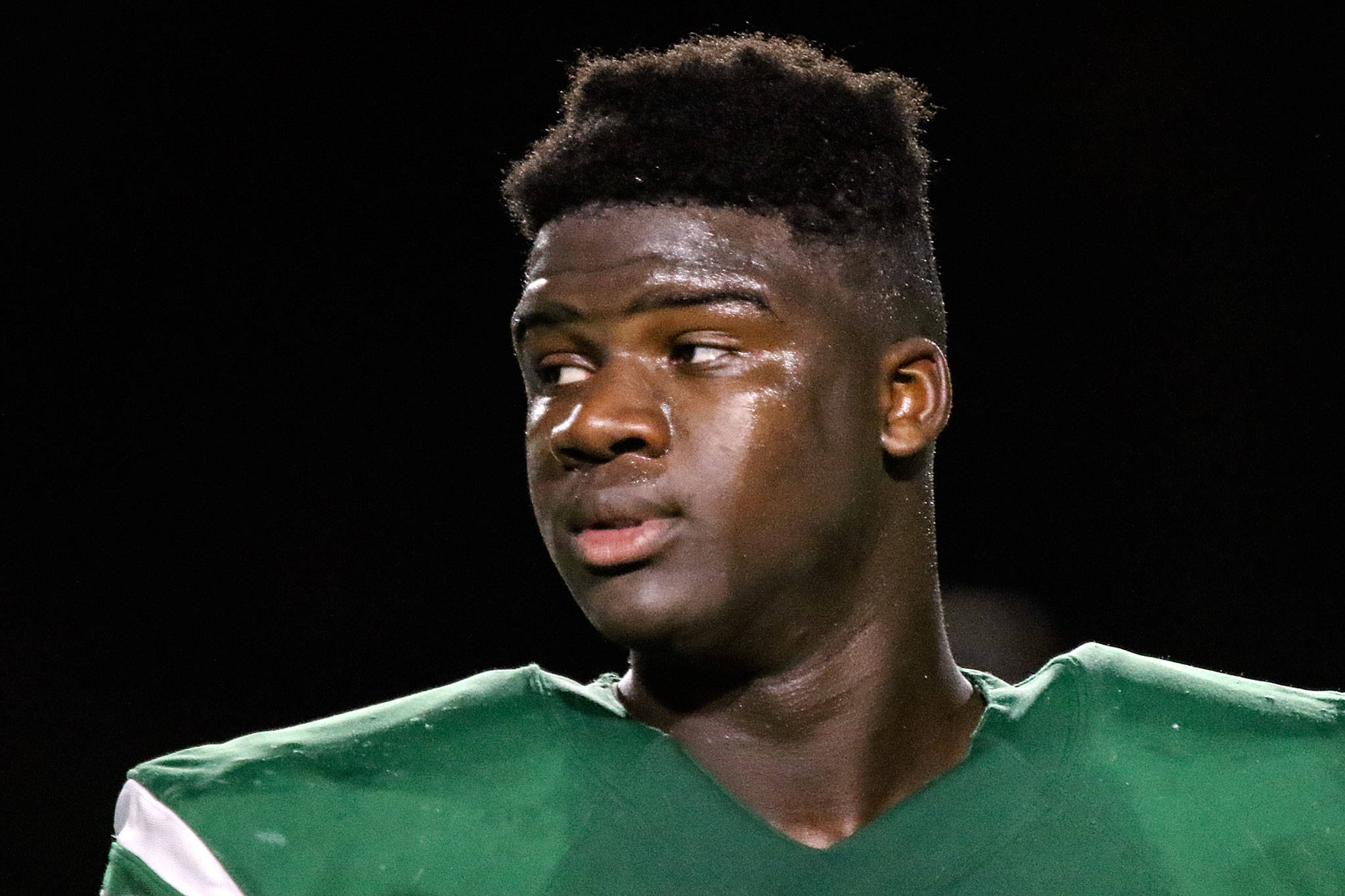 Edmonds-Woodway’s Ali Gaye leaves the field at Edmonds Stadium following a Nov. 4, 2016 game. Gaye has verbally committed to play football at LSU for the 2020 season. (Kevin Clark / The Herald)