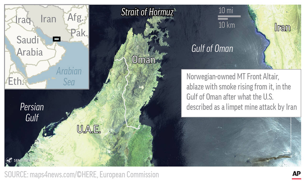 This map shows an aerial satellite image of the area in the Gulf of Oman, where an oil tanker was attacked. (Associated Press)