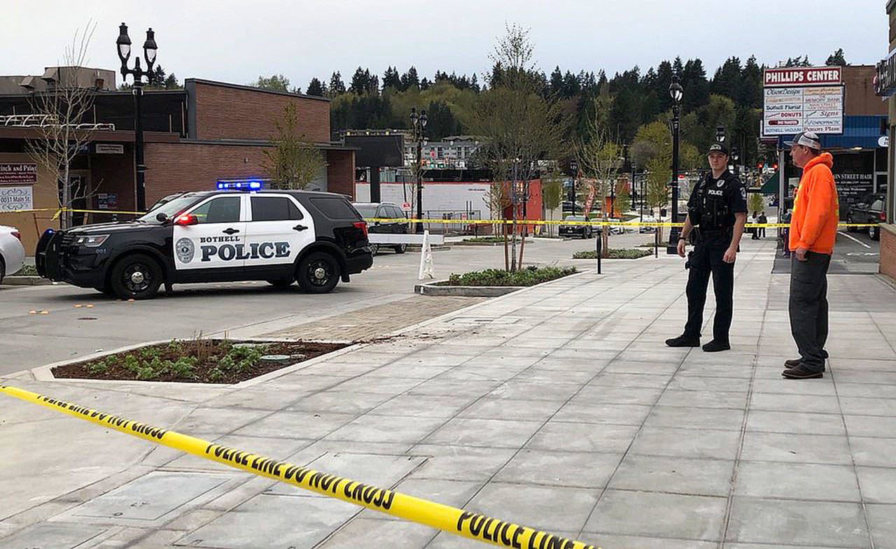 Bothell police at the scene where they arrested Eli Aldinger, who purposefully hit pedestrians on April 20, 2018. (Bothell Police Department, file)