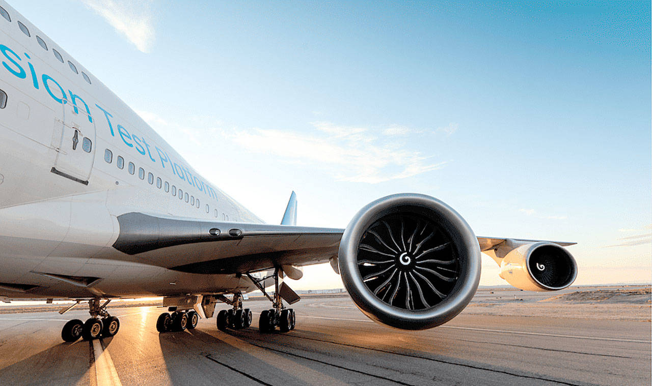 The GE9X engine (left) on a Boeing 747 test bed. Problems with the big, new powerplant have delayed the first flight of the Boeing 777X. (GE Aviation)