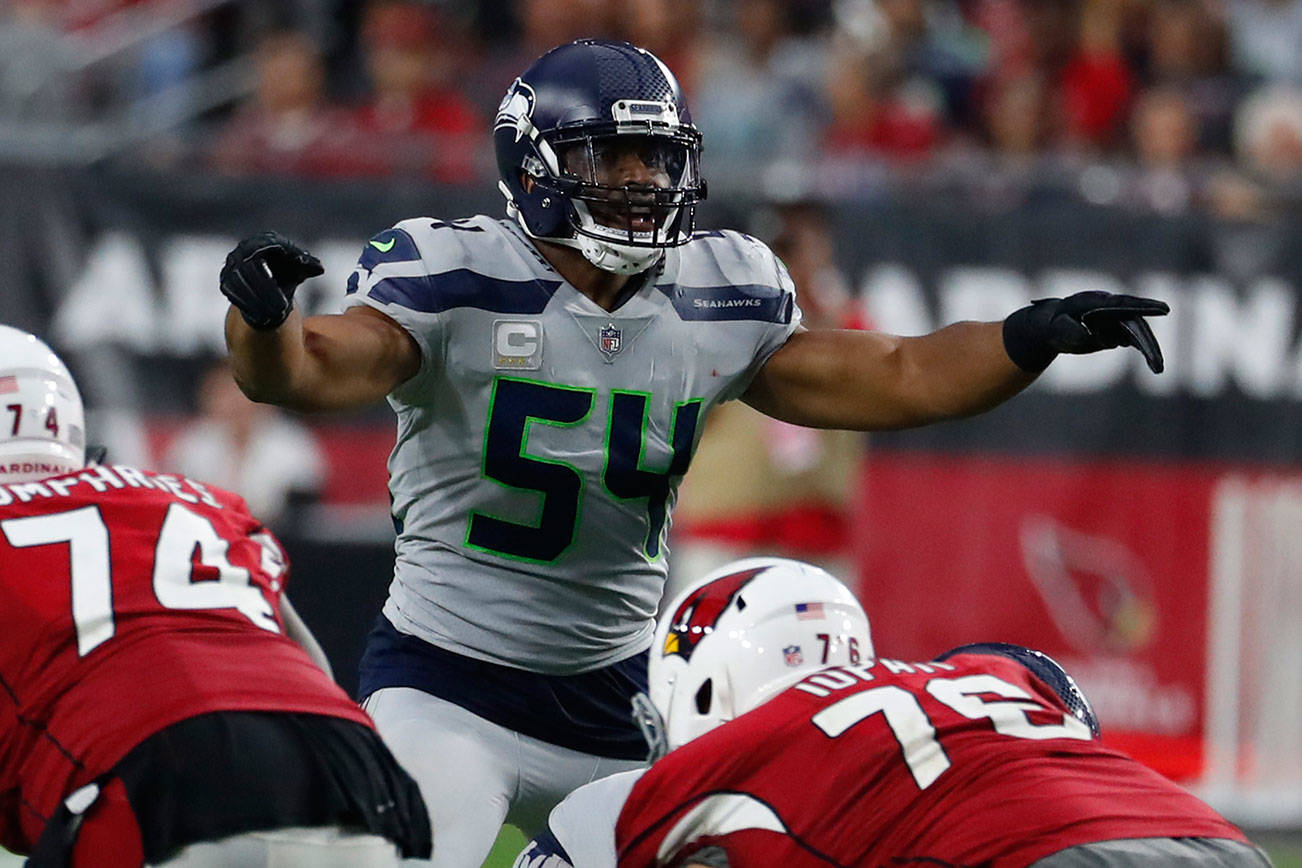 Seattle Seahawks linebacker Bobby Wagner (54) during an NFL football game against the Arizona Cardinals, Sunday, Sept. 30, 2018, in Glendale, Ariz. (AP Photo/Rick Scuteri)