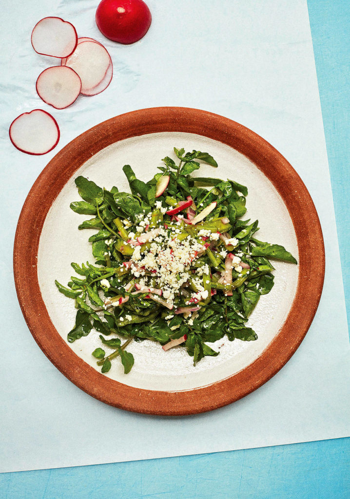 Creating this cactus and watercress salad with ricotta salata involves dethorning several prickly green nopales, or cactus paddles — which can be fun and cathartic. (Marcus Nilsson)
