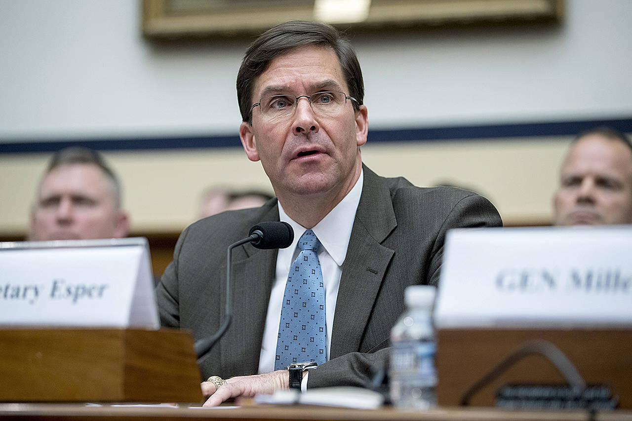 In this April 2 photo, Secretary of the Army Mark Esper speaks during a House Armed Services Committee budget hearing on Capitol Hill in Washington. President Donald Trump on June 18, named Esper as acting Defense Secretary. (AP Photo/Andrew Harnik)
