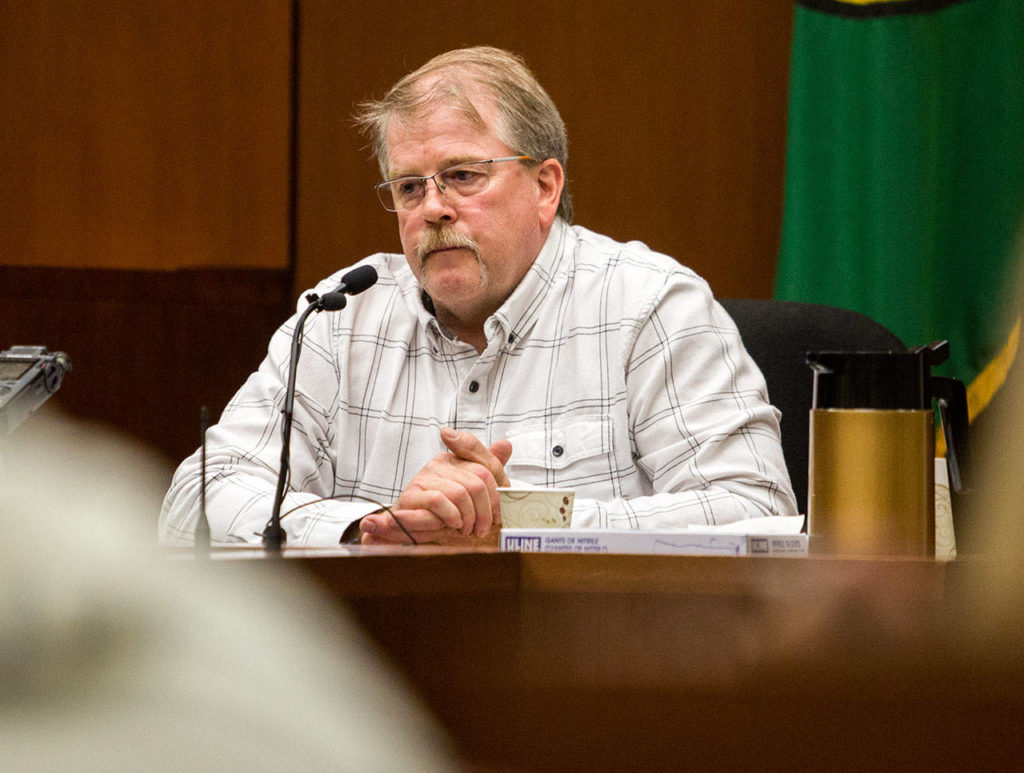 Witness Scott Walker testifies about the day he found Jay Cook’s body during the trial of William Talbott II on Wednesday at the Snohomish County Courthouse in Everett. (Olivia Vanni / The Herald)
