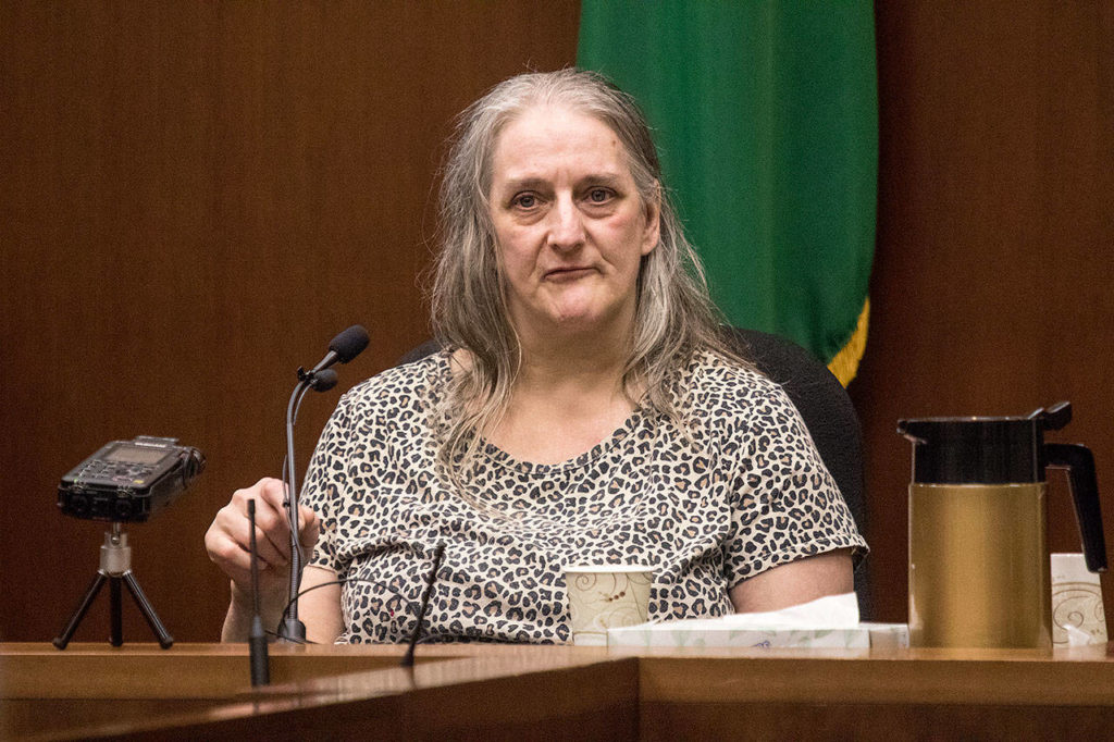 Kara Hopper, who worked at Ben’s Deli in Allyn, Washington, testifies seeing Jay Cook and Tanya Van Cuylenborg stop in for gas, at the trial of William Talbott II on Wednesday at the Snohomish County Courthouse in Everett. (Andy Bronson / The Herald/POOL)

