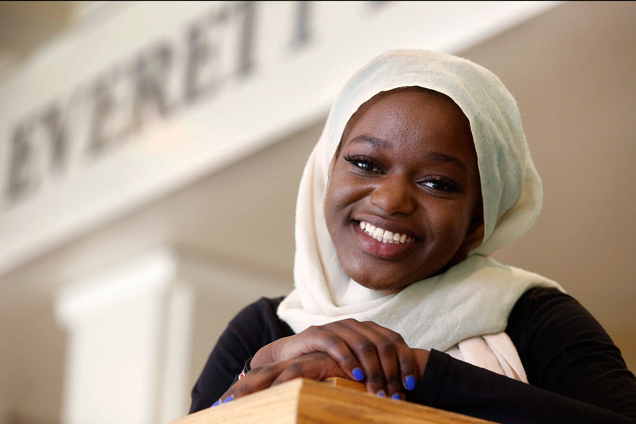 Everett High School’s Amina Hussein admits her freshman year was “overwhelming,” but since then she’s learned to connect with people. “I just enjoy being here, the teachers are amazing, the principals talk to me every single day, they’re really inclusive.” (Dan Bates / The Herald)