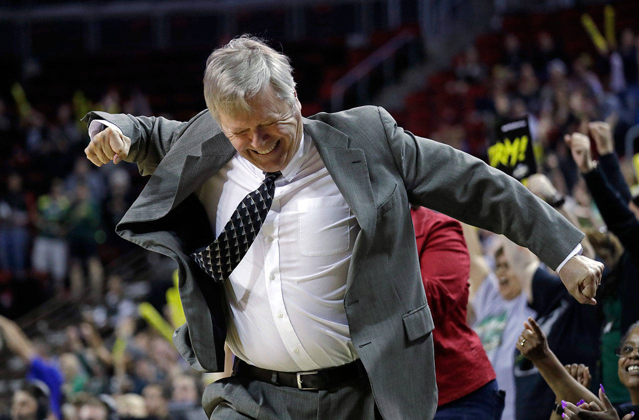 Storm head coach Dan Hughes reacts after his team scores late in the second half of a game against the Sun on June 15, 2018, in Seattle. (AP Photo/Elaine Thompson)