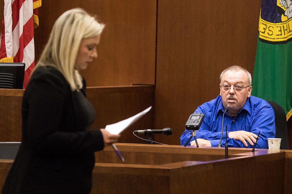 Former friend Michael Seat is cross-examined by public defender Rachel Forde at the trial of William Talbott II at the Snohomish County Courthouse on Friday in Everett. Talbott is on trial for the 1987 murders of Tanya Van Cuylenborg and Jay Cook. (Andy Bronson / The Herald/POOL)
