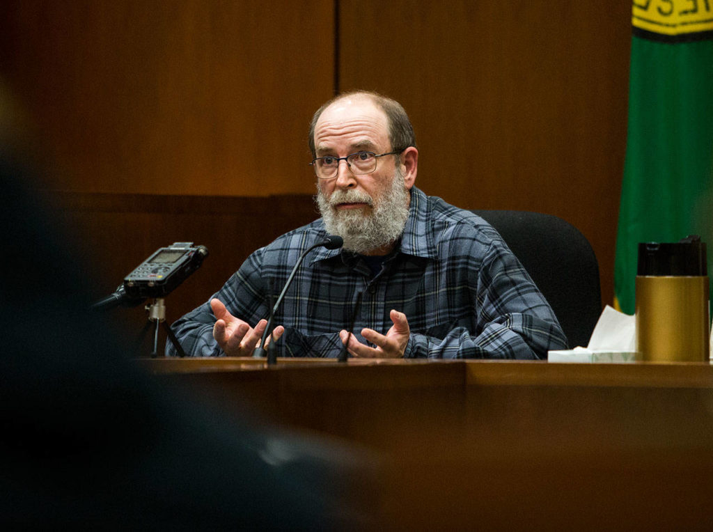 Tim McPherson, a former roommate of William Talbott II, testifies during Talbott’s trial at the Snohomish County Courthouse on Friday in Everett. Talbott is on trial for the 1987 murders of Tanya Van Cuylenborg and Jay Cook. (Olivia Vanni / The Herald) 
