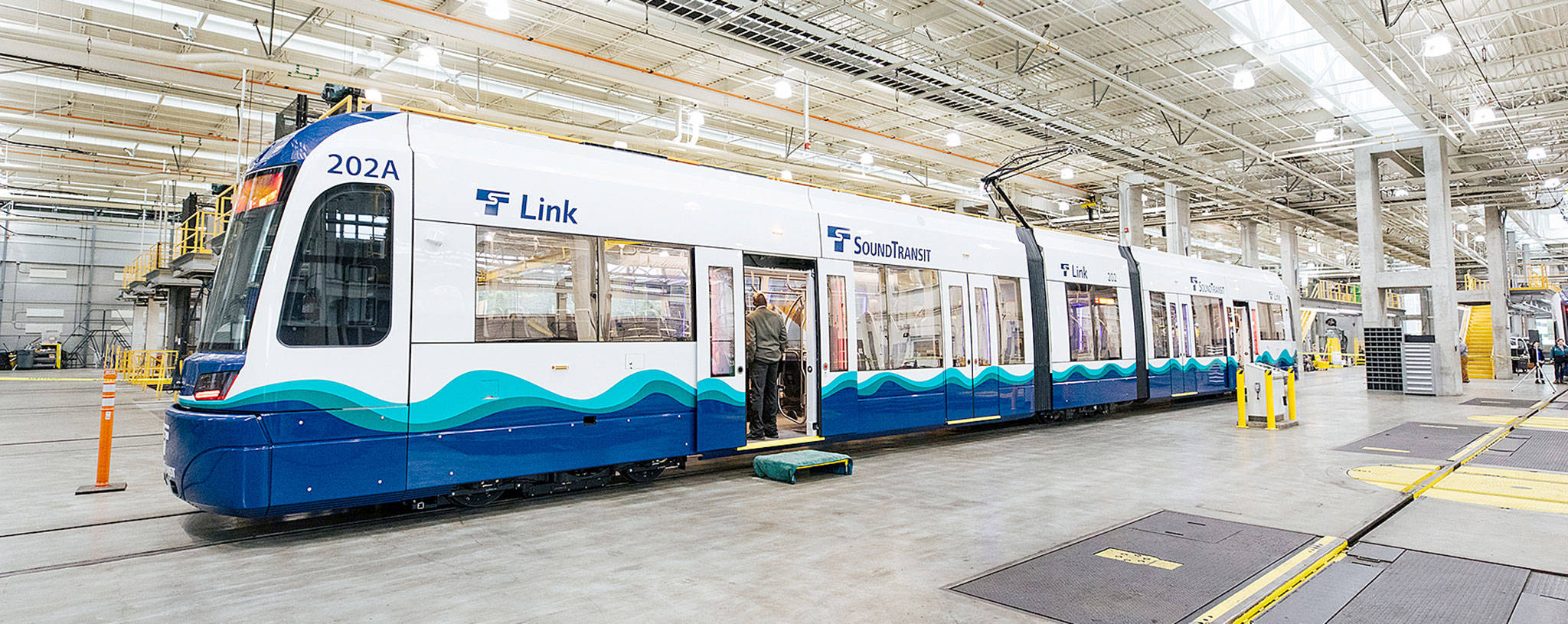 The first Siemens Link light rail vehicle was shown on Wednesday at the Sound Transit maintenance and operations center in Seattle. (Sound Transit)
