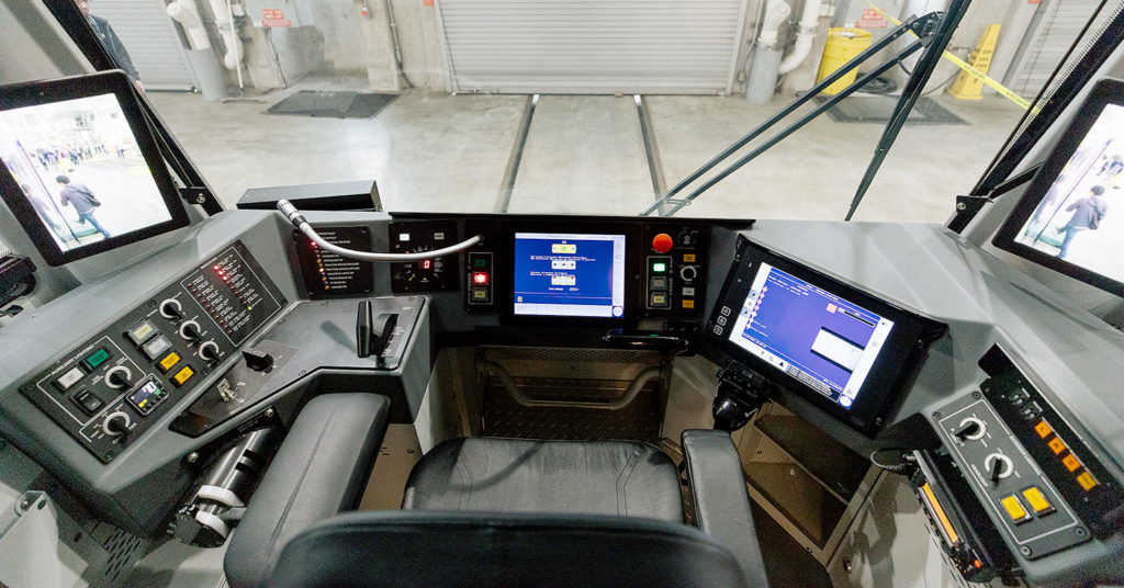 The control cab of the first Siemens Link light rail vehicle, which was shown on Wednesday at the Sound Transit maintenance and operations center in Seattle. (Sound Transit) 
