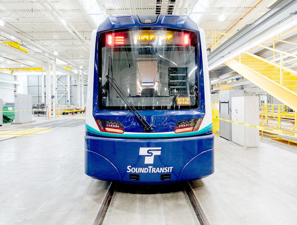 The first Siemens Link light rail vehicle was shown on Wednesday at the Sound Transit maintenance and operations center in Seattle. (Sound Transit) 

