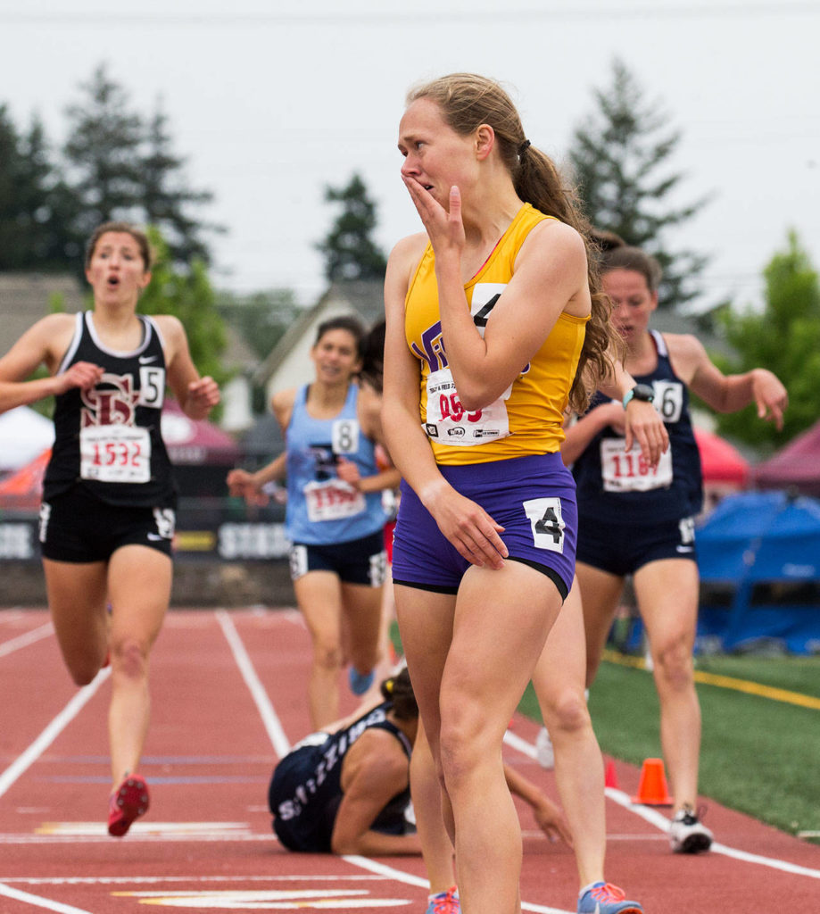 Roe reacts after winning the Class 4A state title in the 800 meters on May 25, which marked her first state crown in two years. (Andy Bronson / The Herald)
