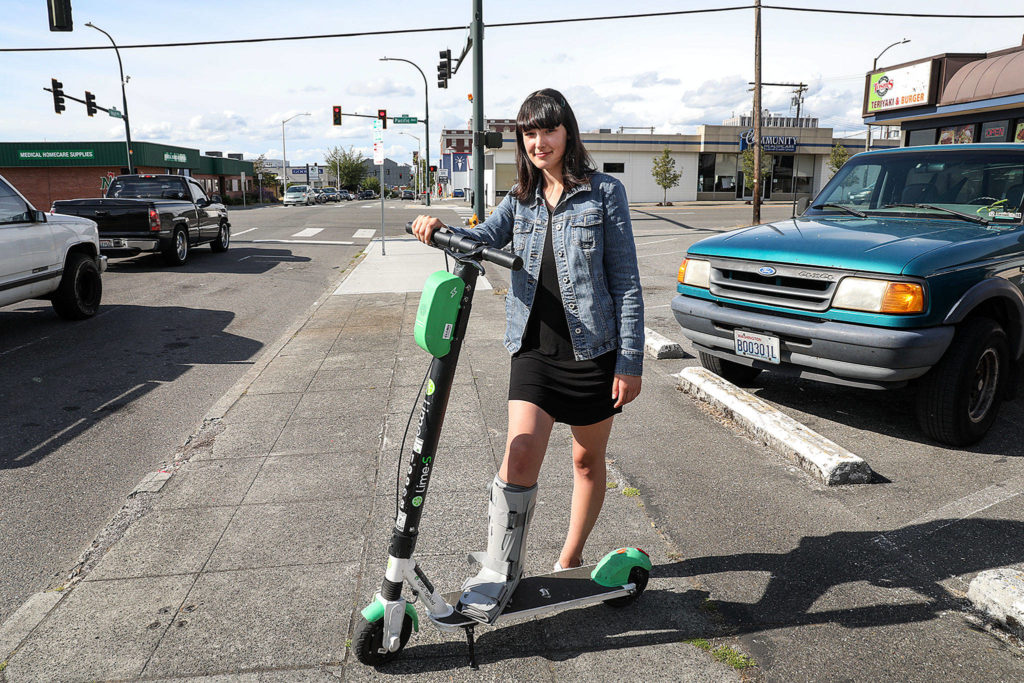 Lily Rummel, 17, was hit by a truck while riding an e-scooter after she ran a stop sign on Everett’s north side. She ended up with a fractured right foot. “They are more dangerous than you think,” Rummel said. (Lizz Giordano / The Herald)
