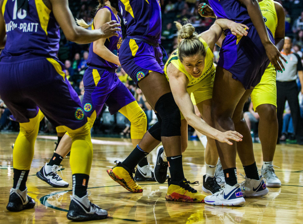 Seattle Storm’s Sami Whitcomb gets caught between Los Angles Sparks’ players during the game against the Los Angeles Sparks at Angel of the Winds Arena on Friday, June 21, 2019 in Everett, Wash. (Olivia Vanni / The Herald)