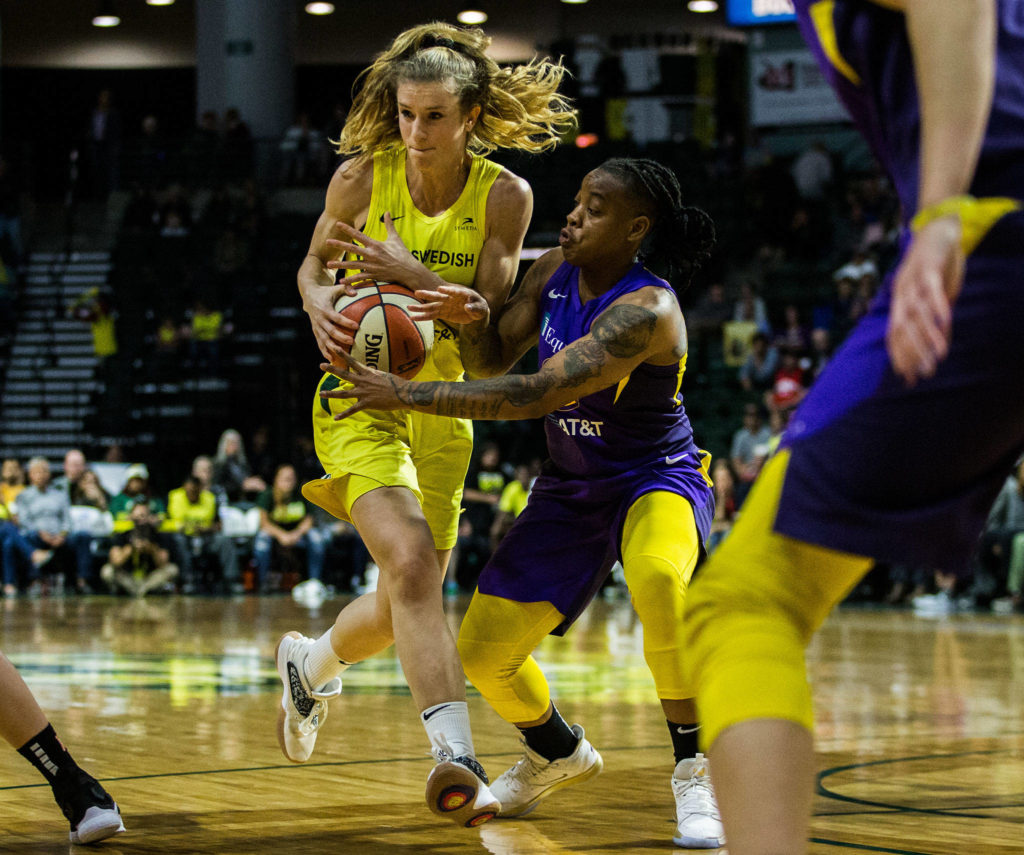 Seattle Storm’s Blake Dietrick drives to the hoop during the game against the Los Angeles Sparks at Angel of the Winds Arena on Friday, June 21, 2019 in Everett, Wash. (Olivia Vanni / The Herald)