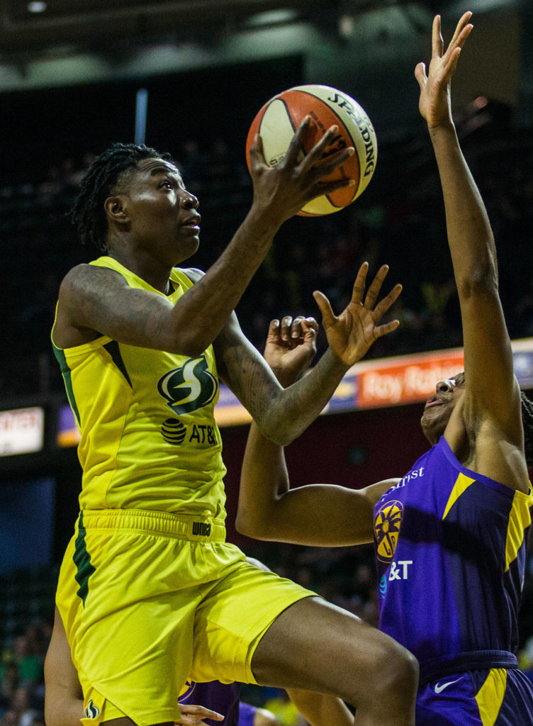Seattle Storm’s Natasha Howard attempts a layup during the game against the Los Angeles Sparks at Angel of the Winds Arena on Friday, June 21, 2019 in Everett, Wash. (Olivia Vanni / The Herald)