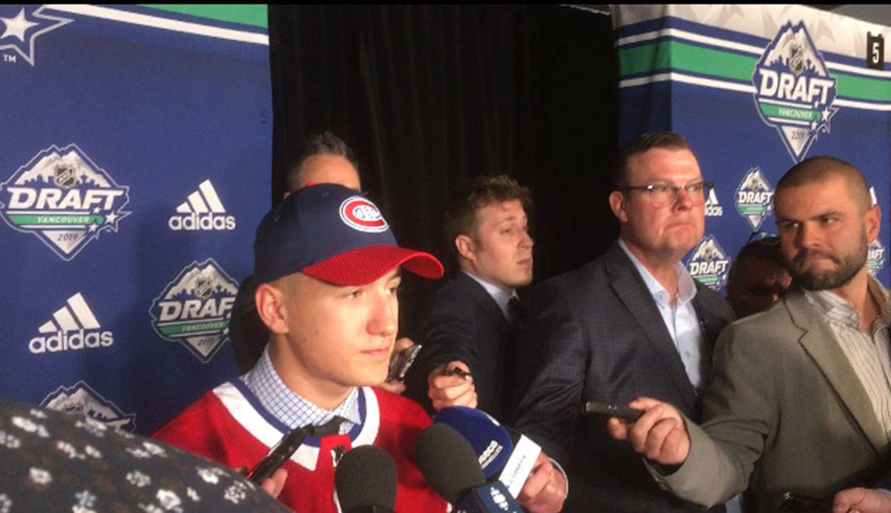 The Silvertips’ Gianni Fairbrother meets with the media after being selected by the Montreal Canadiens in the third round of the 2019 NHL draft on June 22, 2019, in Vancouver, B.C. (Screenshot from Josh Horton video)