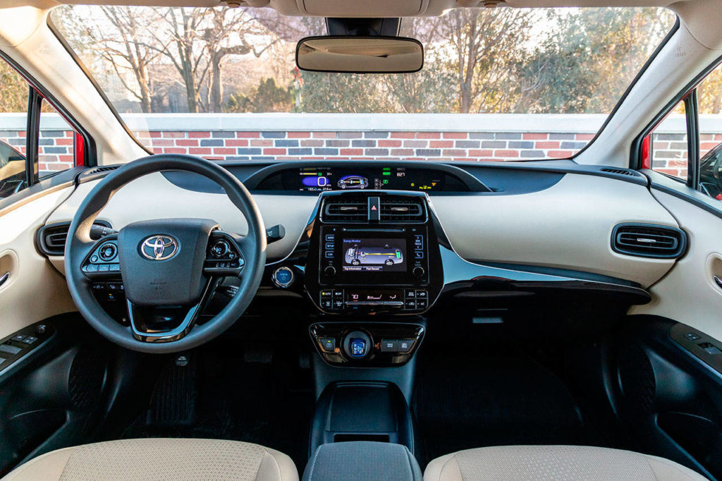 Interior revisions of the 2019 Toyota Prius include black accents replacing the previous model’s white trim. (Manufacturer photo)
