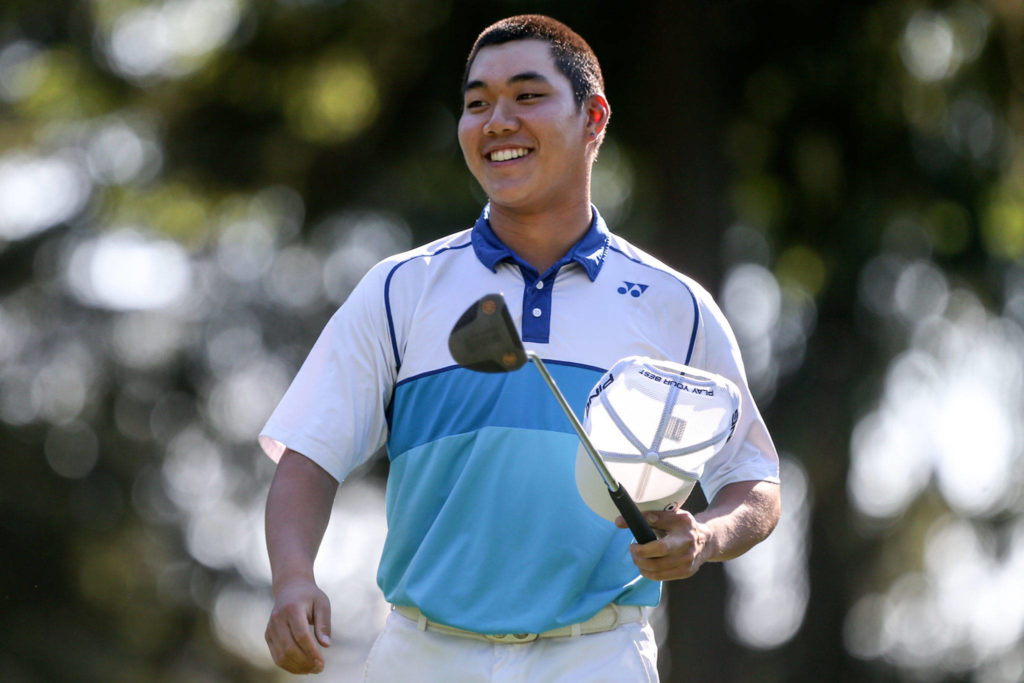 Alvin Kwak was all smiles after winning the 2019 Snohomish County Amateur golf tournament May 27 in Everett. (Kevin Clark / The Herald)
