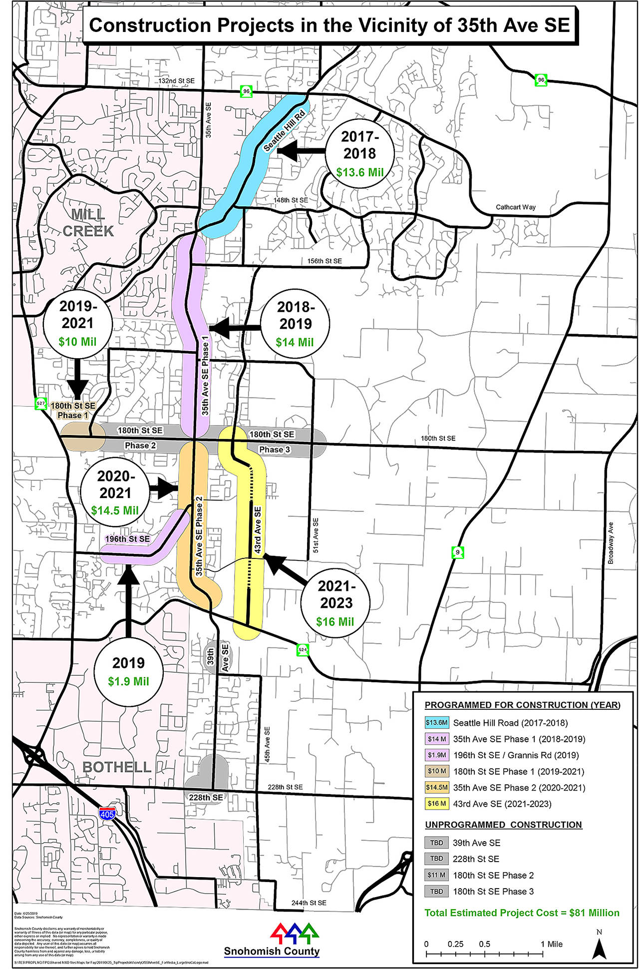 The map shows construction projects around 35th Avenue SE. (Snohomish County Public Works)